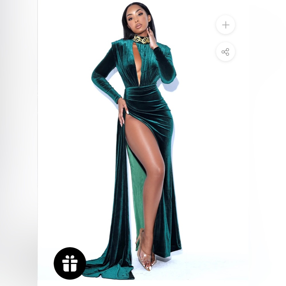 Velvet Emerald Green High Slit Gown